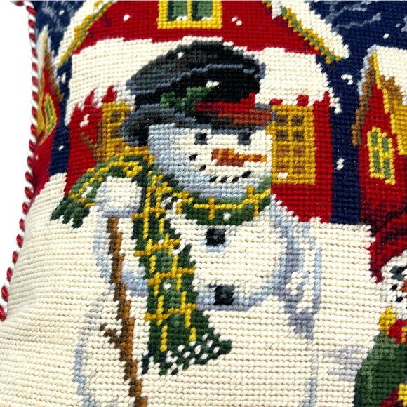 Needlepoint Winter Scene Throw Pillow Houses with Snow and Snowmen Trees Snow - Picture 6 of 8